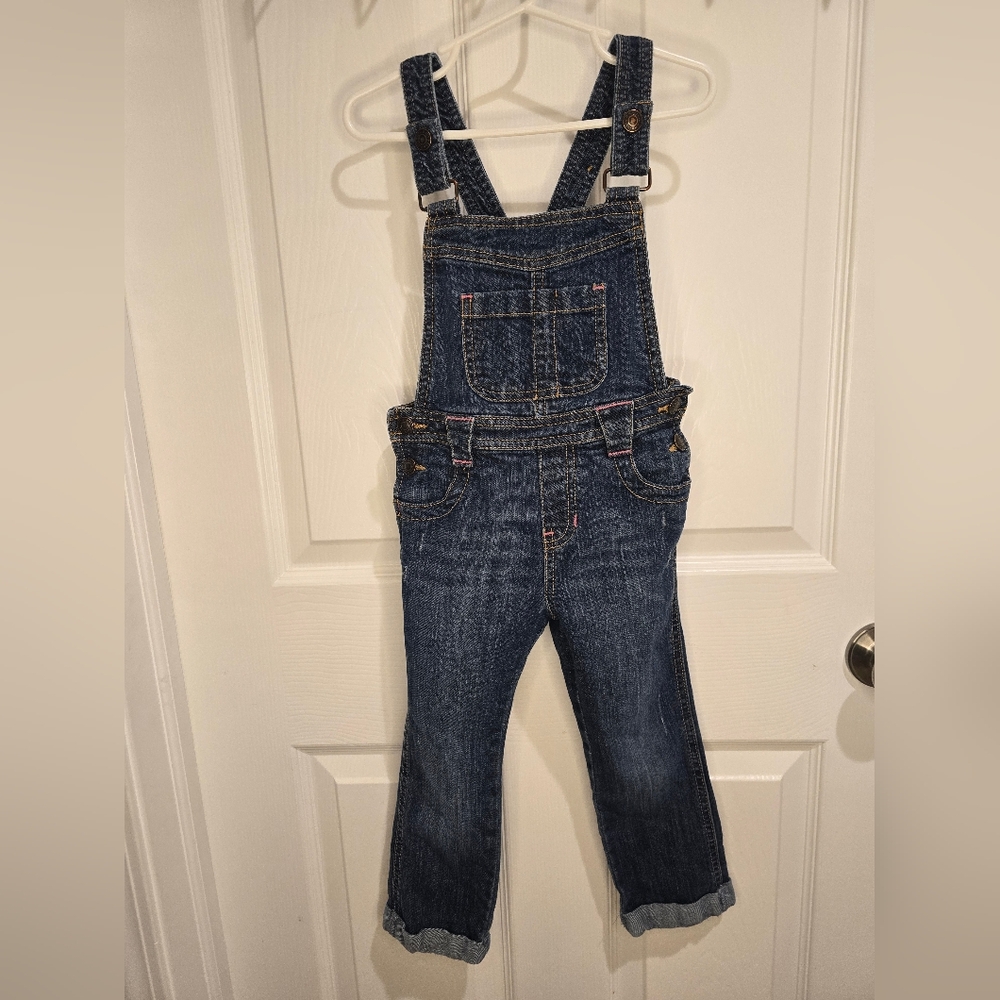 Old Navy Denim Cuffed Overalls With Pink Stiching Size 4t